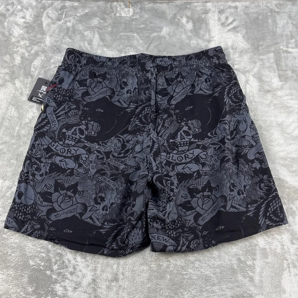 Ed Hardy Board Shorts Mens Medium Tattoo Print Black Multi Graphic NEW